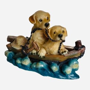 Puppies Figurine Golden Retrievers in Boat 6” Multicolored Resin Dog Statue VG